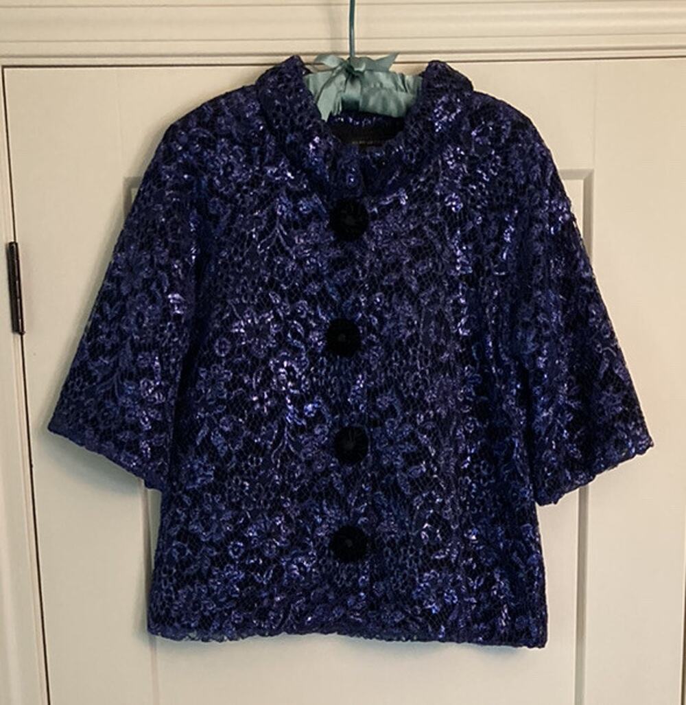 Marc Jacobs Sz M Blue Lace Overlay Metallic Crop Cashmere Jacket